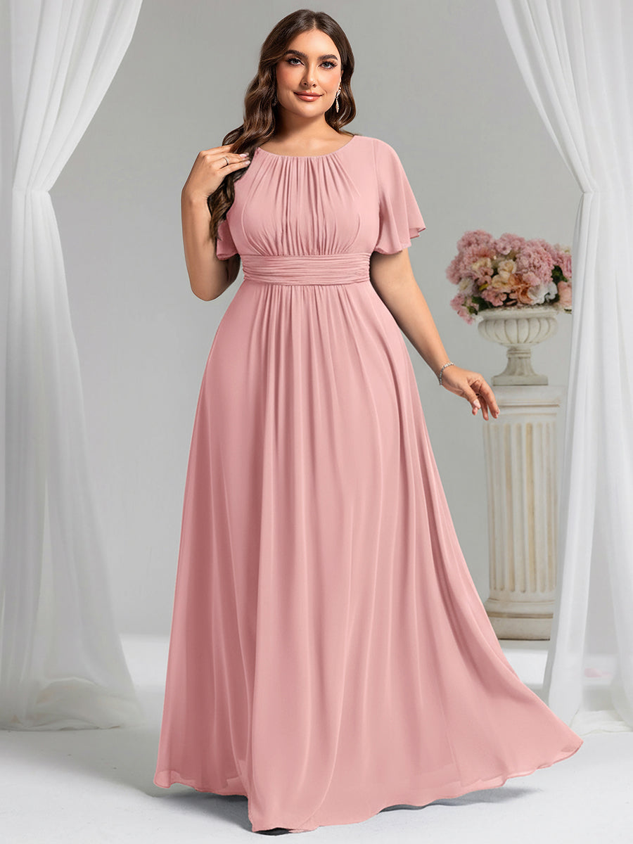 Bodenlanger A-Linien Chiffon Kleid Mit Falten Und Raffung Rundhalsausschnitt #Farbe_Altrosa