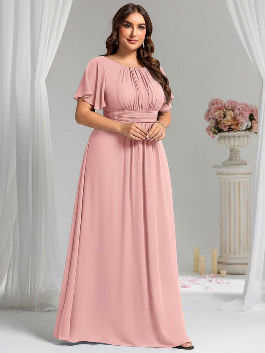 Bodenlanger A-Linien Chiffon Kleid Mit Falten Und Raffung Rundhalsausschnitt #Farbe_Altrosa