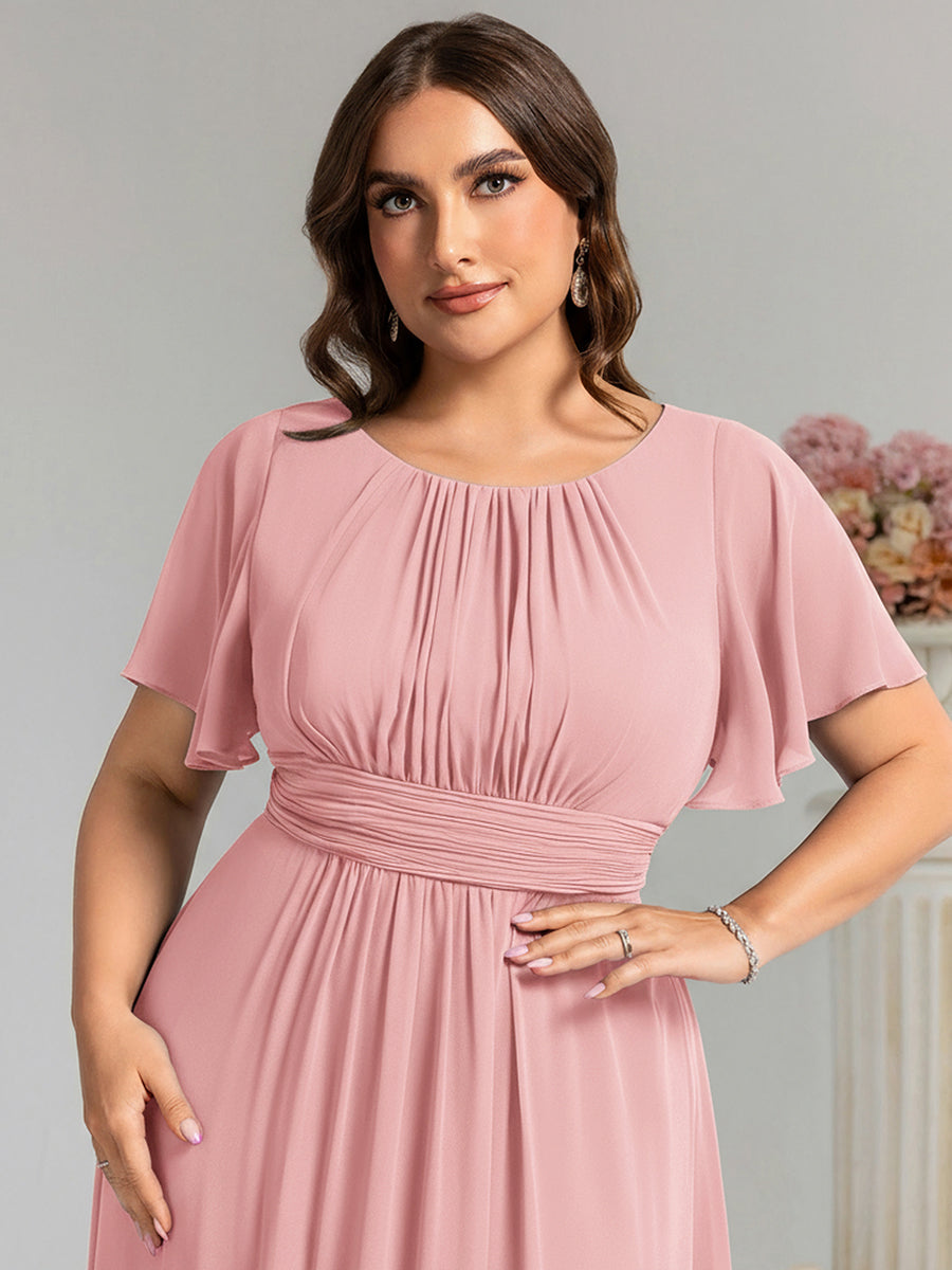 Bodenlanger A-Linien Chiffon Kleid Mit Falten Und Raffung Rundhalsausschnitt #Farbe_Altrosa