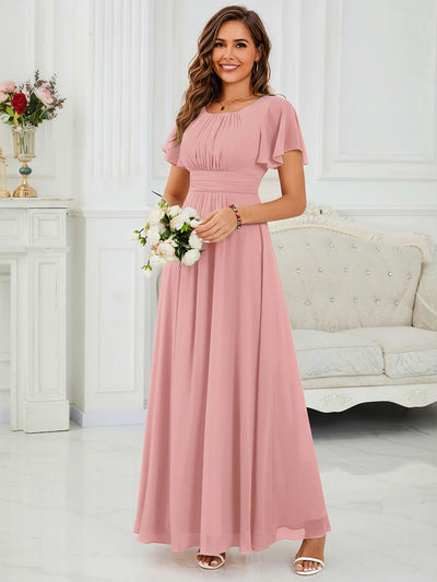 Bodenlanger A-Linien Chiffon Kleid Mit Falten Und Raffung Rundhalsausschnitt #Farbe_Altrosa