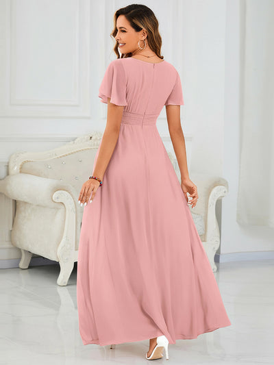 Bodenlanger A-Linien Chiffon Kleid Mit Falten Und Raffung Rundhalsausschnitt #Farbe_Altrosa