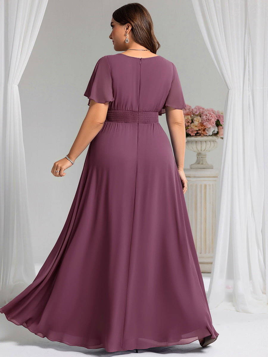 Bodenlanger A-Linien Chiffon Kleid Mit Falten Und Raffung Rundhalsausschnitt #Farbe_Pflaumenviolett