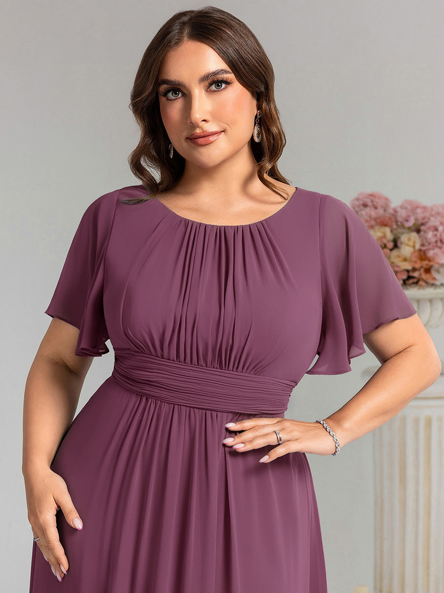 Bodenlanger A-Linien Chiffon Kleid Mit Falten Und Raffung Rundhalsausschnitt #Farbe_Pflaumenviolett
