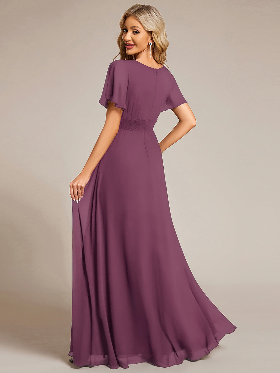 Bodenlanger A-Linien Chiffon Kleid Mit Falten Und Raffung Rundhalsausschnitt #Farbe_Pflaumenviolett