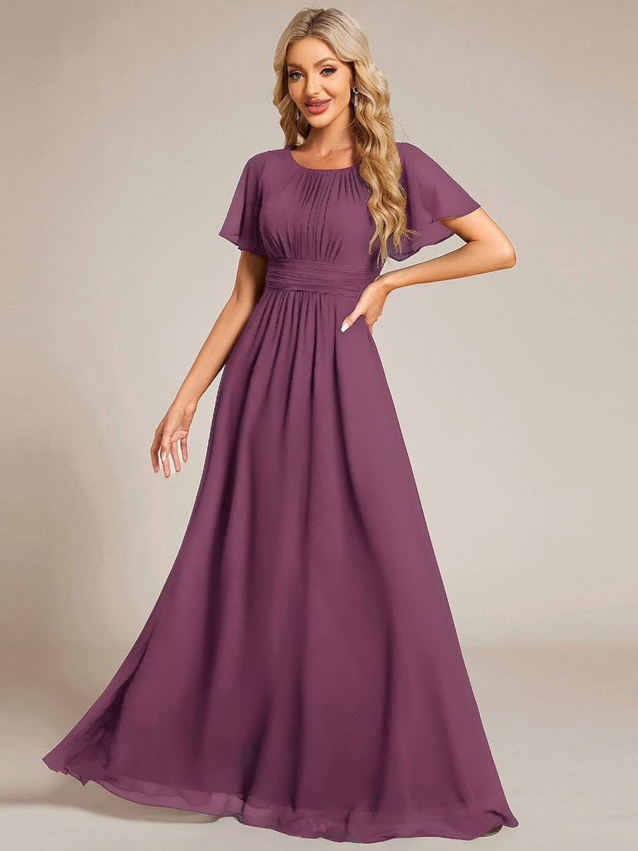 Bodenlanger A-Linien Chiffon Kleid Mit Falten Und Raffung Rundhalsausschnitt #Farbe_Pflaumenviolett