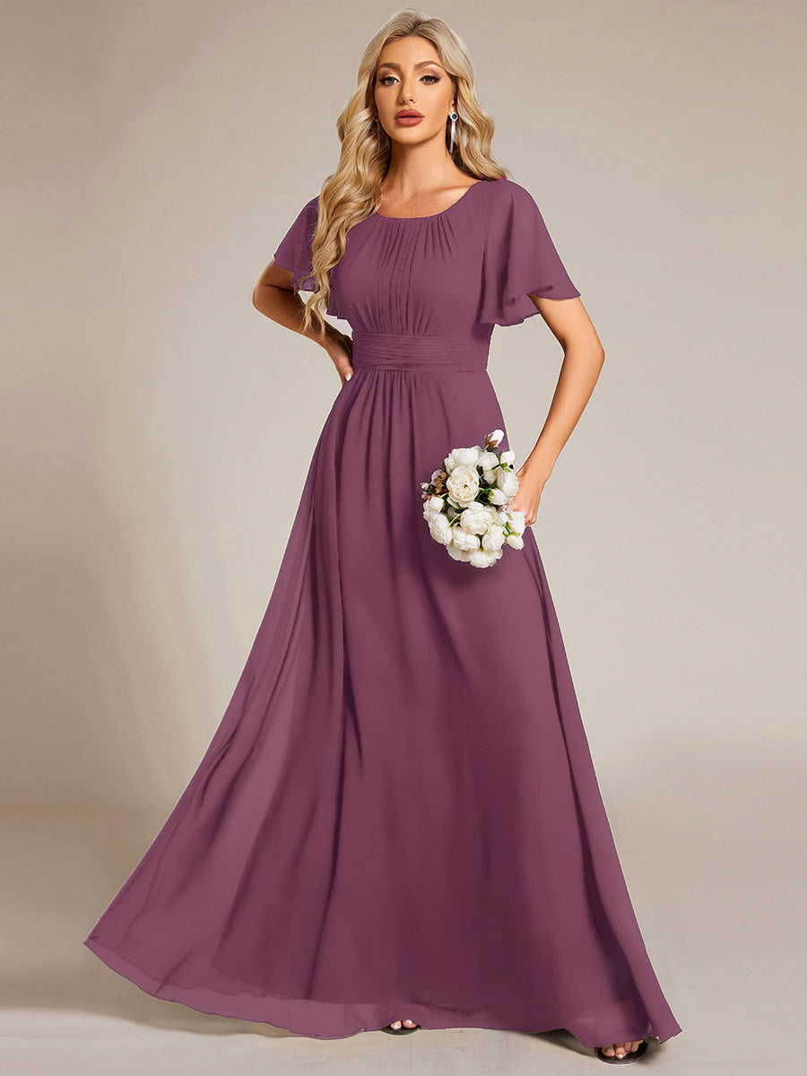 Bodenlanger A-Linien Chiffon Kleid Mit Falten Und Raffung Rundhalsausschnitt #Farbe_Pflaumenviolett