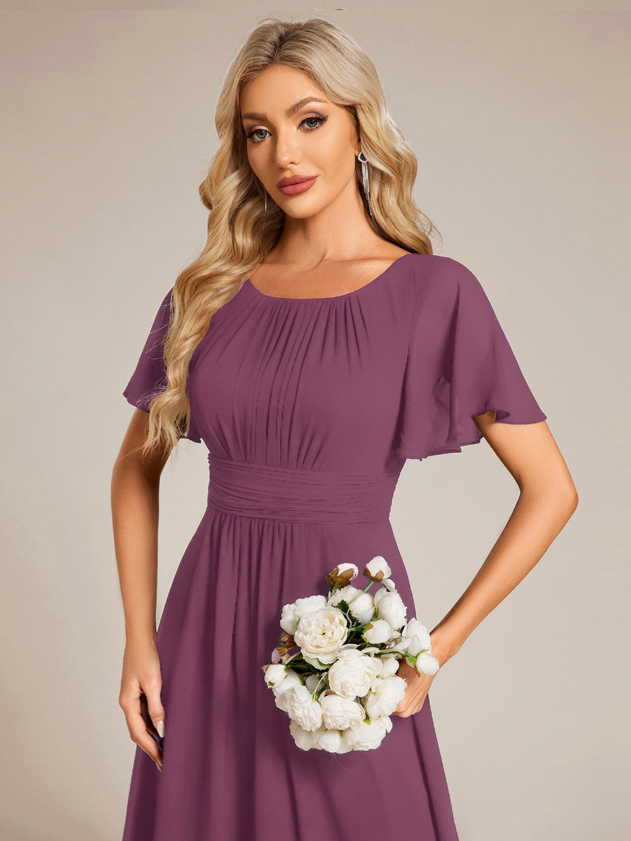 Bodenlanger A-Linien Chiffon Kleid Mit Falten Und Raffung Rundhalsausschnitt #Farbe_Pflaumenviolett