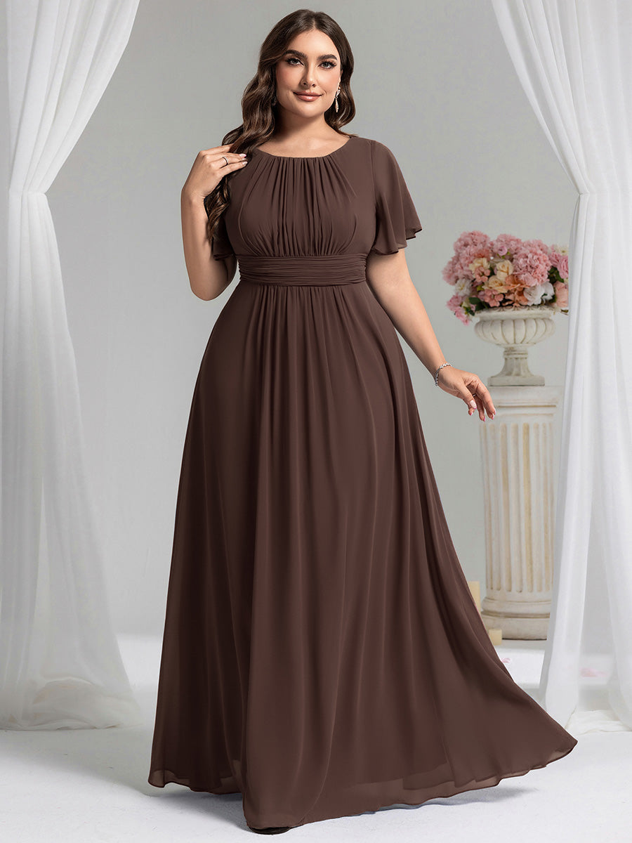 Bodenlanger A-Linien Chiffon Kleid Mit Falten Und Raffung Rundhalsausschnitt #Farbe_ES