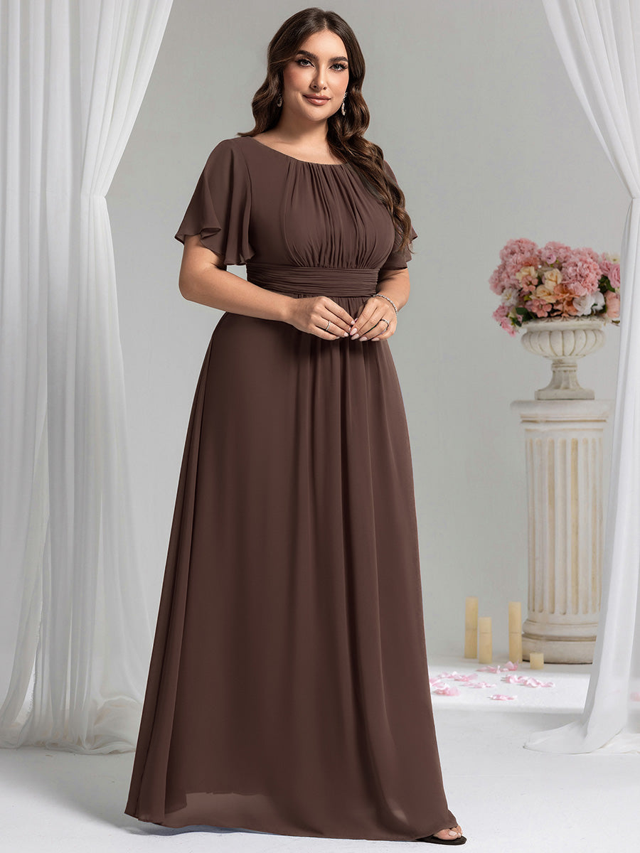 Bodenlanger A-Linien Chiffon Kleid Mit Falten Und Raffung Rundhalsausschnitt #Farbe_ES