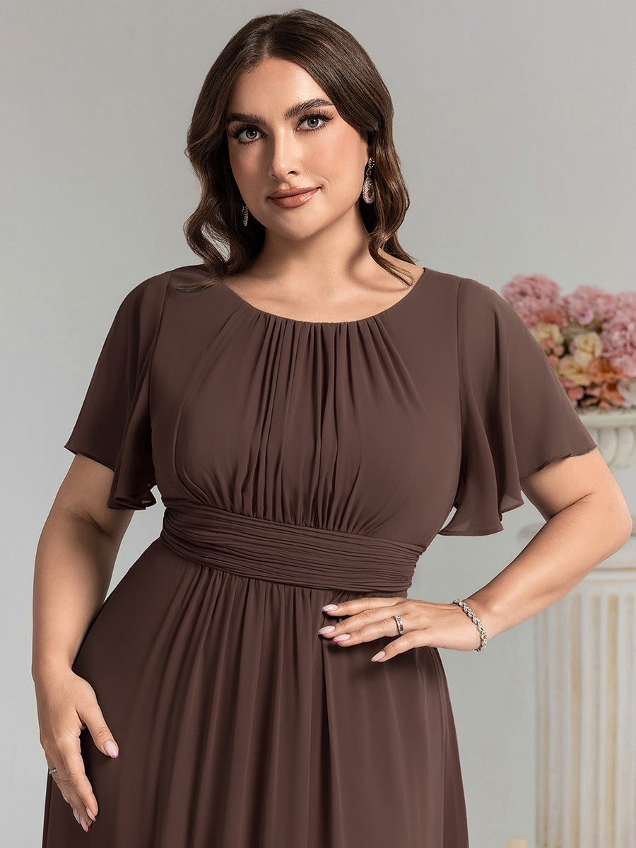Bodenlanger A-Linien Chiffon Kleid Mit Falten Und Raffung Rundhalsausschnitt #Farbe_ES
