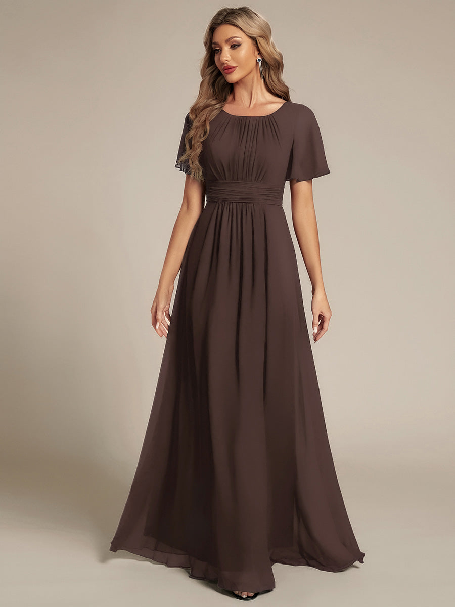 Bodenlanger A-Linien Chiffon Kleid Mit Falten Und Raffung Rundhalsausschnitt #Farbe_ES
