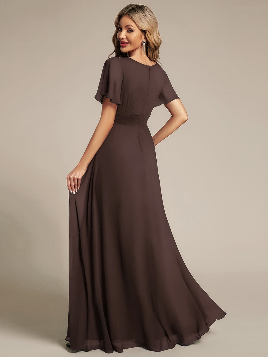 Bodenlanger A-Linien Chiffon Kleid Mit Falten Und Raffung Rundhalsausschnitt #Farbe_ES