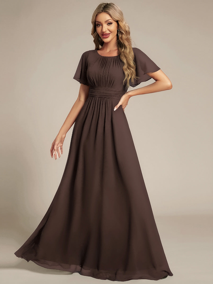 Bodenlanger A-Linien Chiffon Kleid Mit Falten Und Raffung Rundhalsausschnitt #Farbe_ES