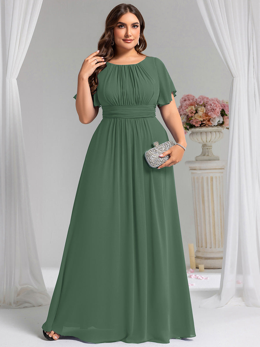 Bodenlanger A-Linien Chiffon Kleid Mit Falten Und Raffung Rundhalsausschnitt #Farbe_Eukalyptus