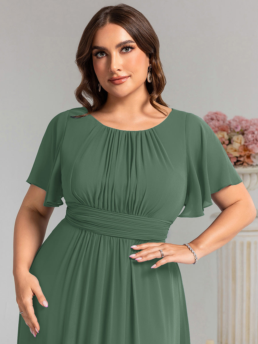 Bodenlanger A-Linien Chiffon Kleid Mit Falten Und Raffung Rundhalsausschnitt #Farbe_Eukalyptus
