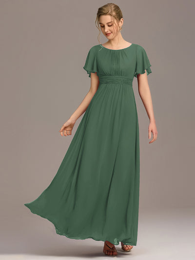 Bodenlanger A-Linien Chiffon Kleid Mit Falten Und Raffung Rundhalsausschnitt #Farbe_Eukalyptus