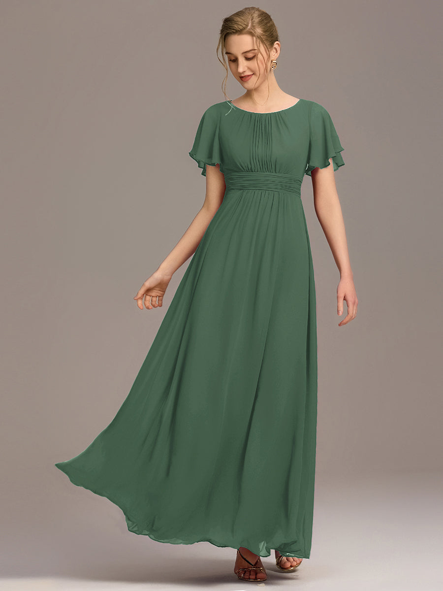 Bodenlanger A-Linien Chiffon Kleid Mit Falten Und Raffung Rundhalsausschnitt #Farbe_Eukalyptus