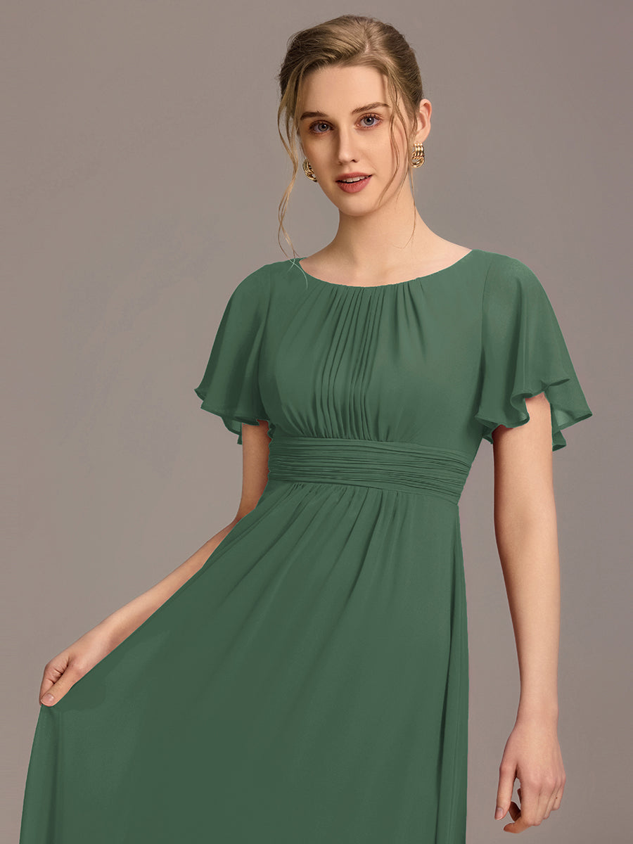 Bodenlanger A-Linien Chiffon Kleid Mit Falten Und Raffung Rundhalsausschnitt #Farbe_Eukalyptus