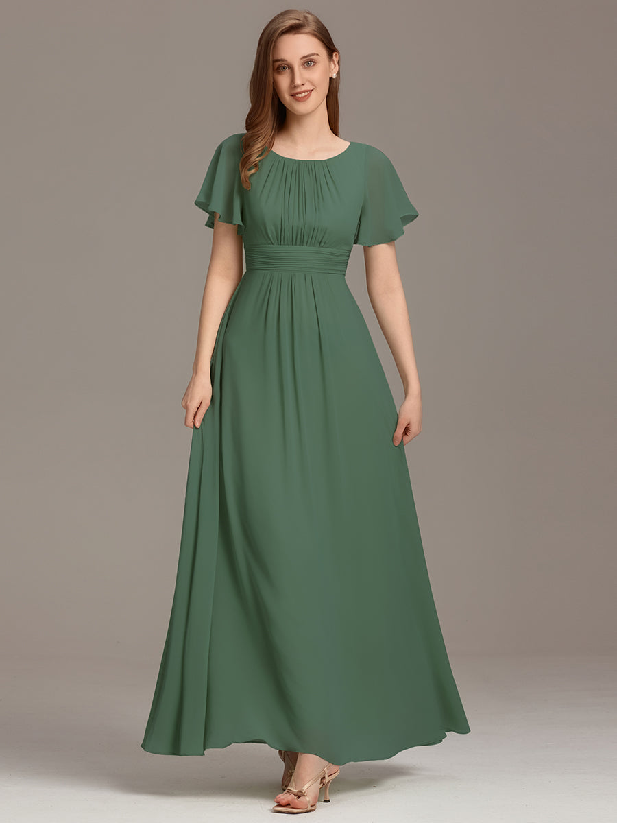 Bodenlanger A-Linien Chiffon Kleid Mit Falten Und Raffung Rundhalsausschnitt #Farbe_Eukalyptus