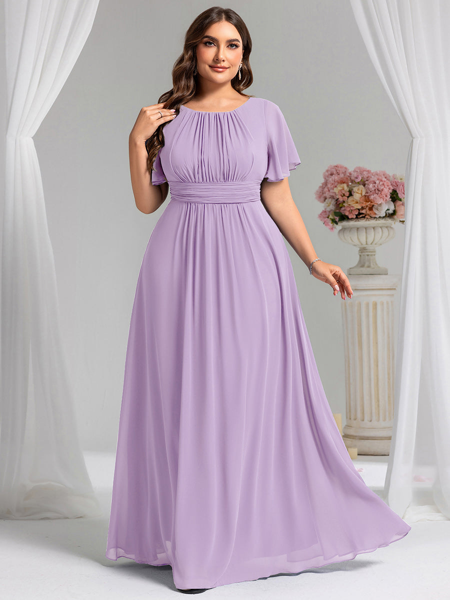 Bodenlanger A-Linien Chiffon Kleid Mit Falten Und Raffung Rundhalsausschnitt #Farbe_Mattflieder