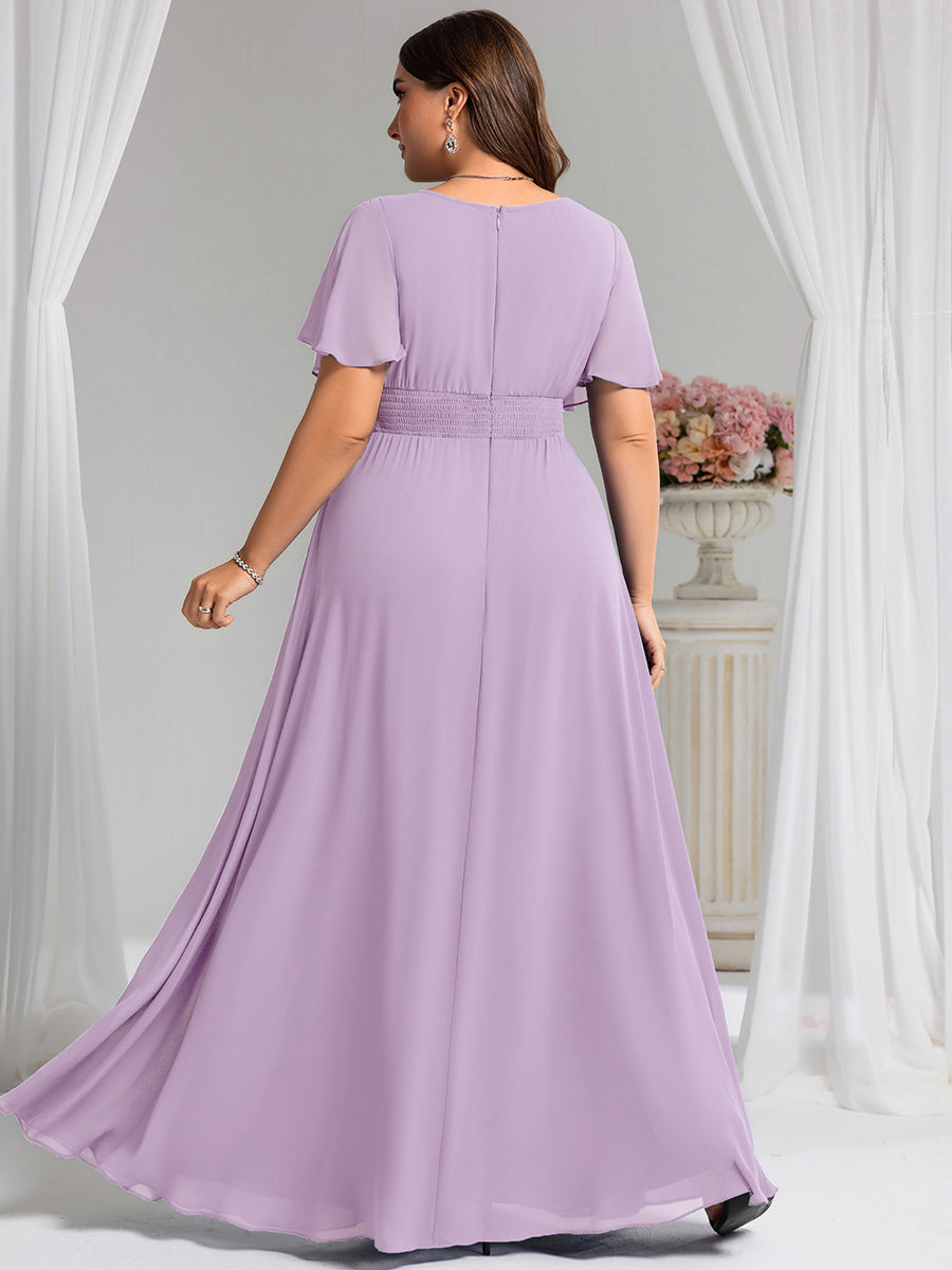 Bodenlanger A-Linien Chiffon Kleid Mit Falten Und Raffung Rundhalsausschnitt #Farbe_Mattflieder