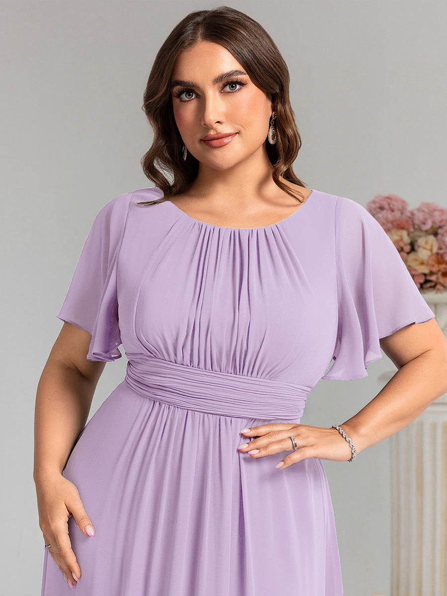 Bodenlanger A-Linien Chiffon Kleid Mit Falten Und Raffung Rundhalsausschnitt #Farbe_Mattflieder