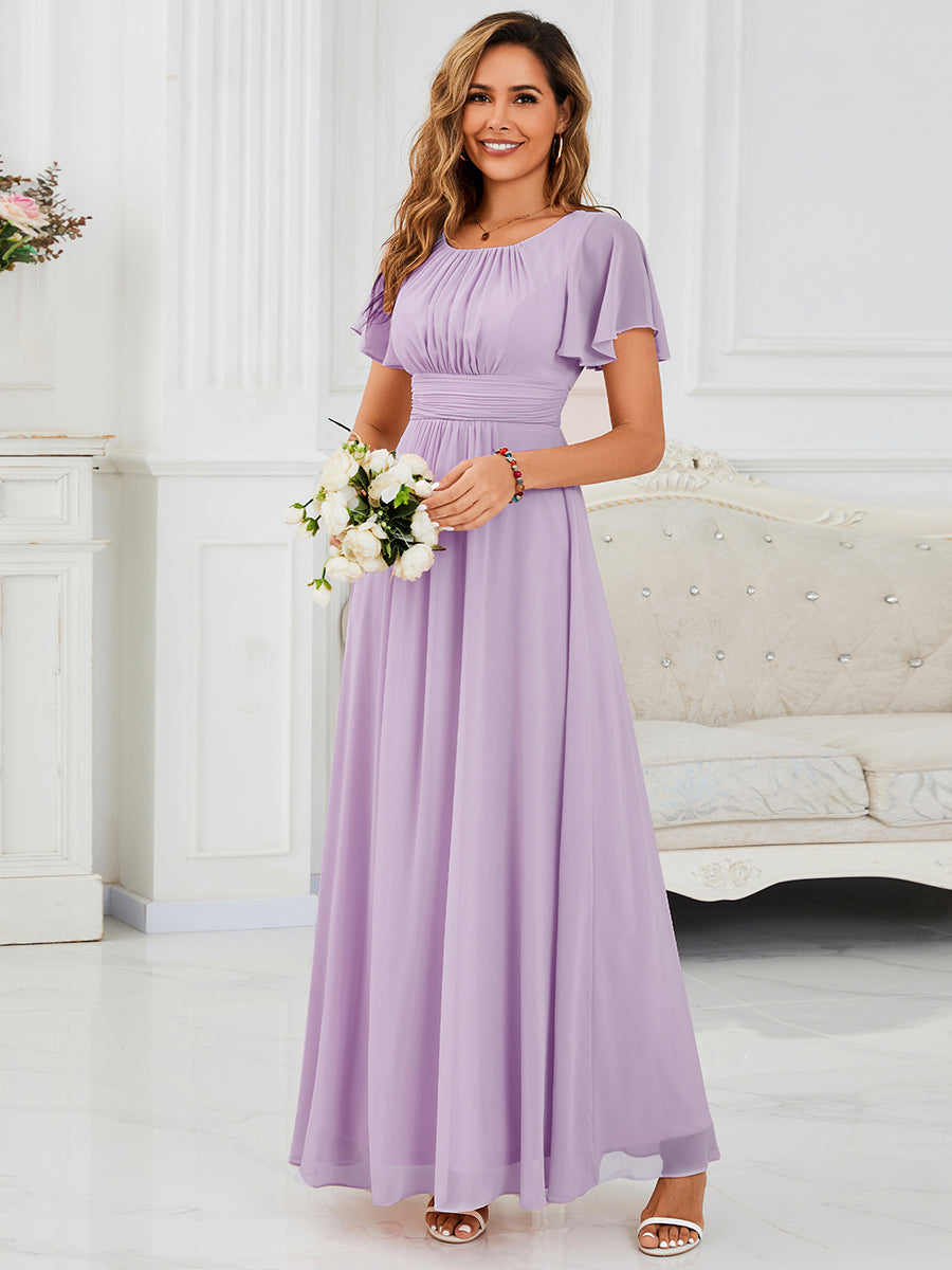 Bodenlanger A-Linien Chiffon Kleid Mit Falten Und Raffung Rundhalsausschnitt #Farbe_Mattflieder