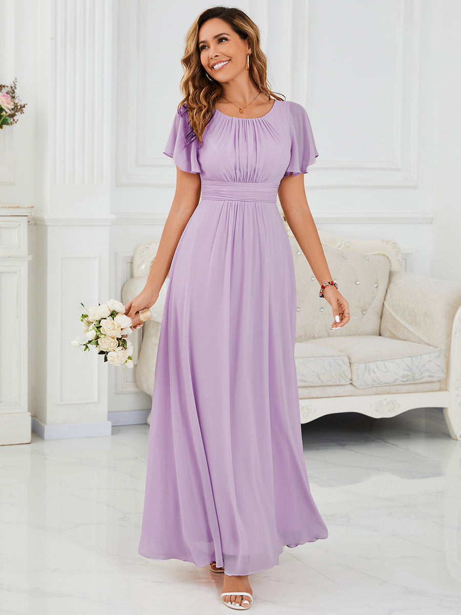 Bodenlanger A-Linien Chiffon Kleid Mit Falten Und Raffung Rundhalsausschnitt #Farbe_Mattflieder