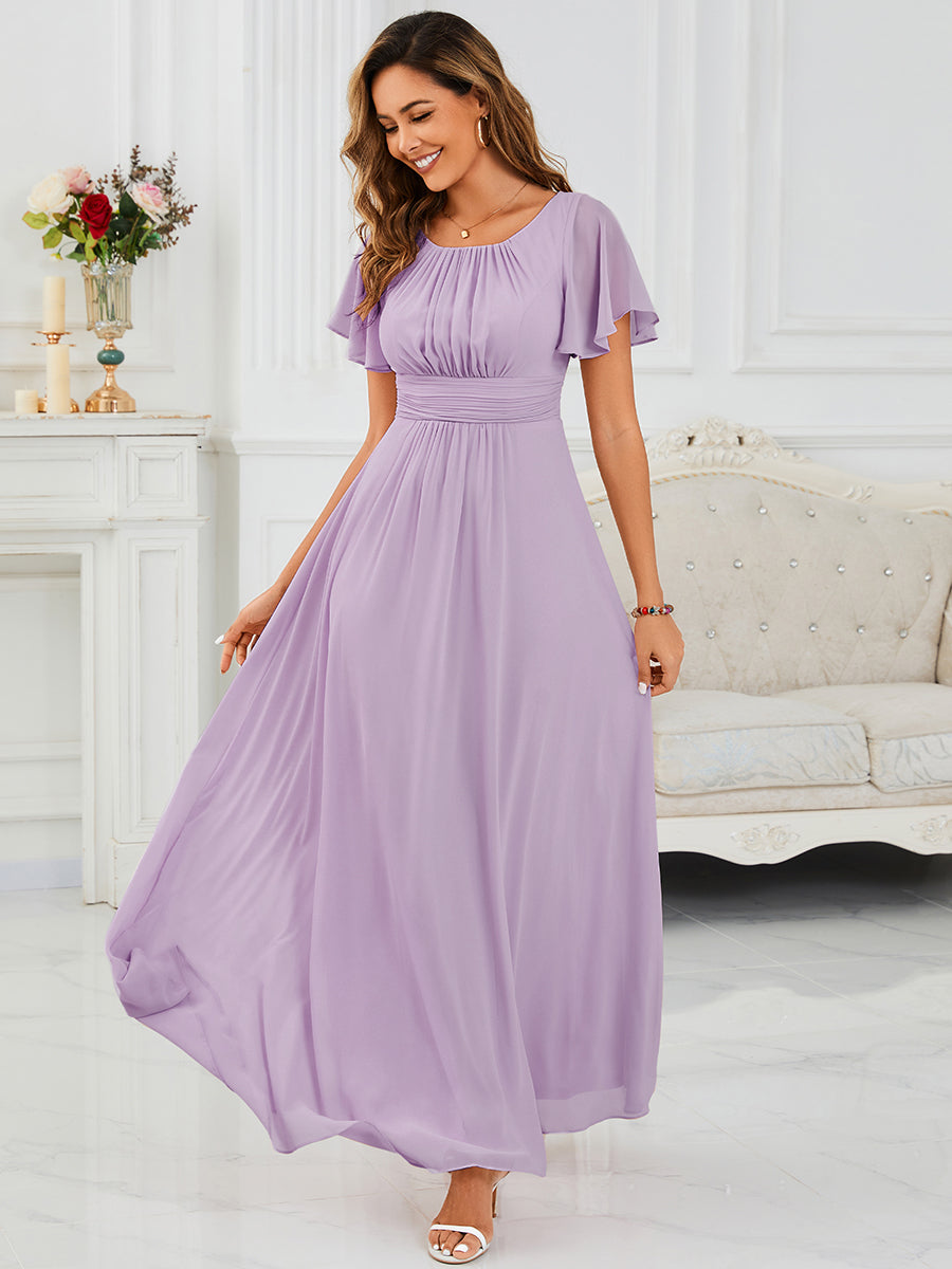 Bodenlanger A-Linien Chiffon Kleid Mit Falten Und Raffung Rundhalsausschnitt #Farbe_Mattflieder