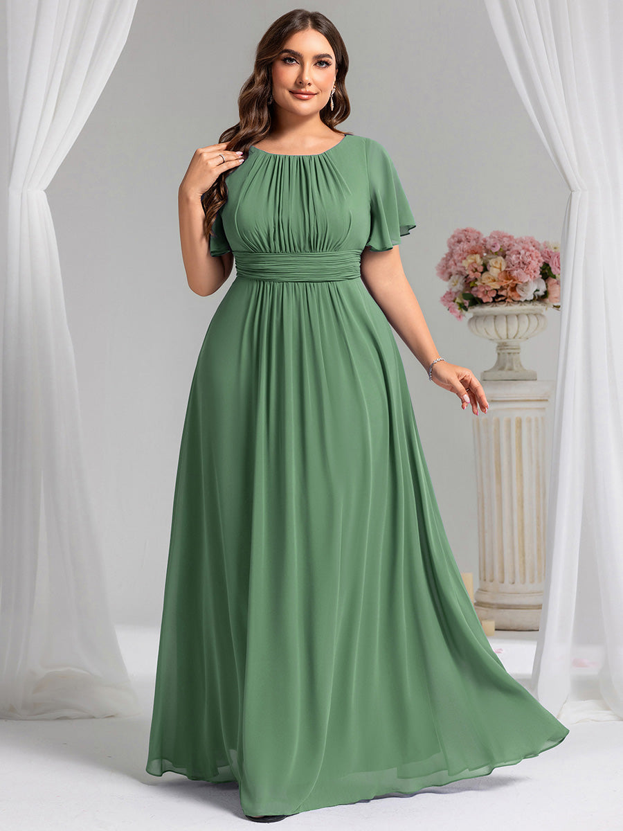 Bodenlanger A-Linien Chiffon Kleid Mit Falten Und Raffung Rundhalsausschnitt #Farbe_Khakigrün