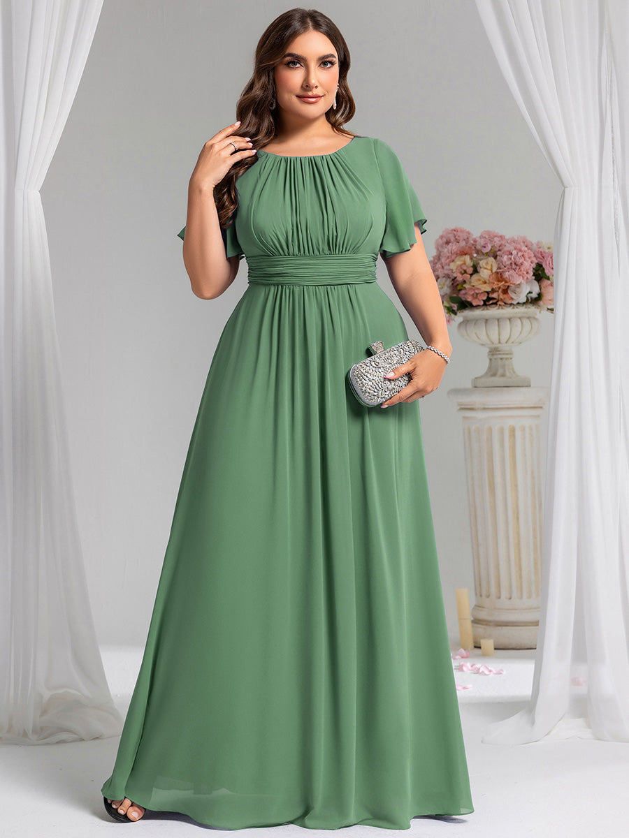Bodenlanger A-Linien Chiffon Kleid Mit Falten Und Raffung Rundhalsausschnitt #Farbe_Khakigrün