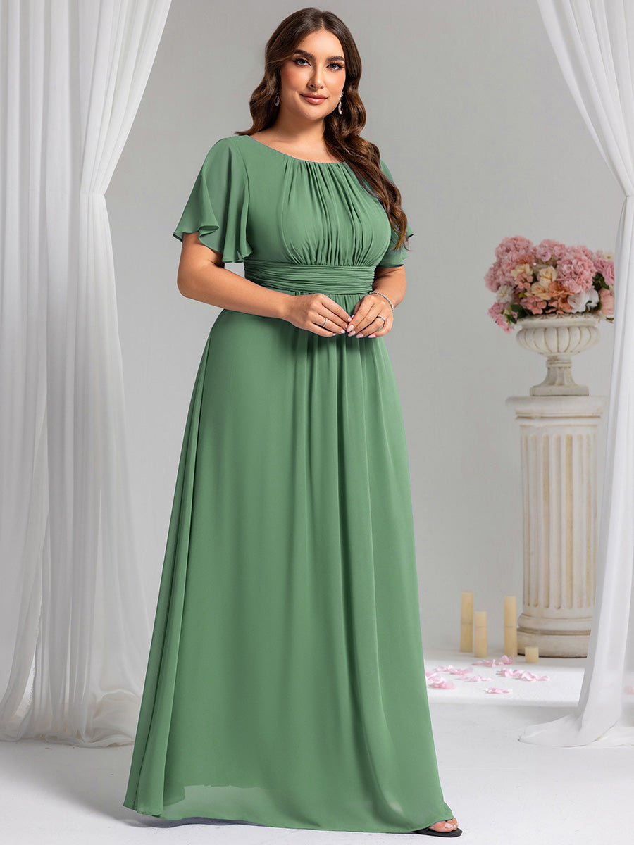 Bodenlanger A-Linien Chiffon Kleid Mit Falten Und Raffung Rundhalsausschnitt #Farbe_Khakigrün