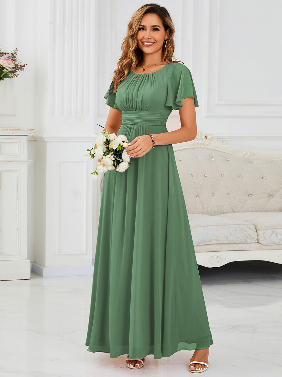 Bodenlanger A-Linien Chiffon Kleid Mit Falten Und Raffung Rundhalsausschnitt #Farbe_Khakigrün