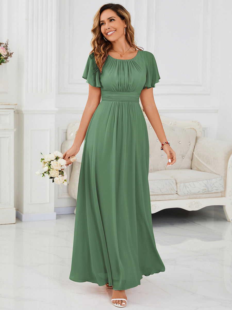 Bodenlanger A-Linien Chiffon Kleid Mit Falten Und Raffung Rundhalsausschnitt #Farbe_Khakigrün