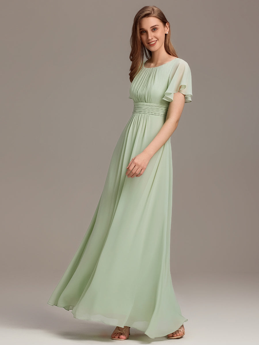 Bodenlanger A-Linien Chiffon Kleid Mit Falten Und Raffung Rundhalsausschnitt #Farbe_Mintgrün