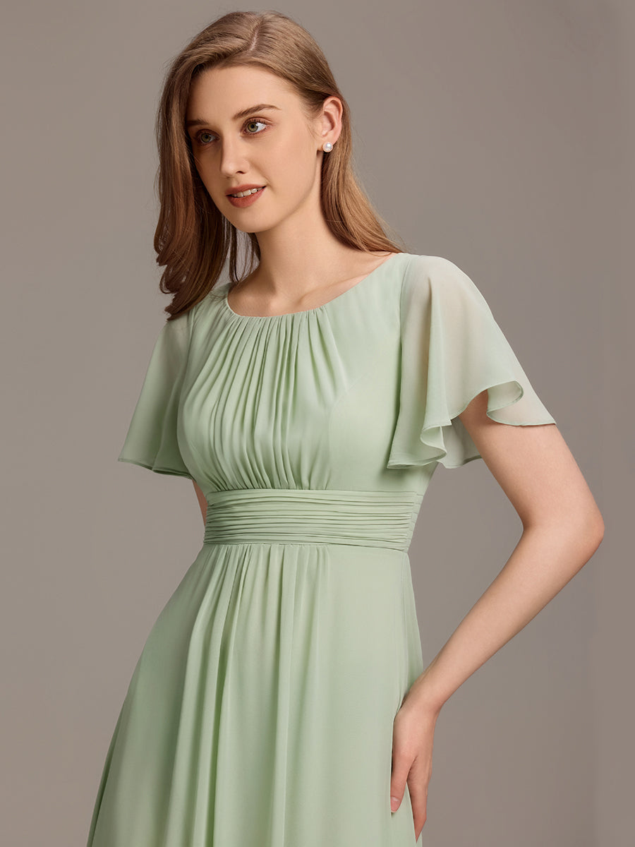 Bodenlanger A-Linien Chiffon Kleid Mit Falten Und Raffung Rundhalsausschnitt #Farbe_Mintgrün
