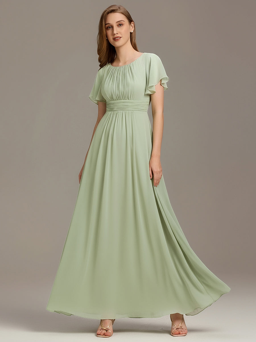 Bodenlanger A-Linien Chiffon Kleid Mit Falten Und Raffung Rundhalsausschnitt #Farbe_Mintgrün