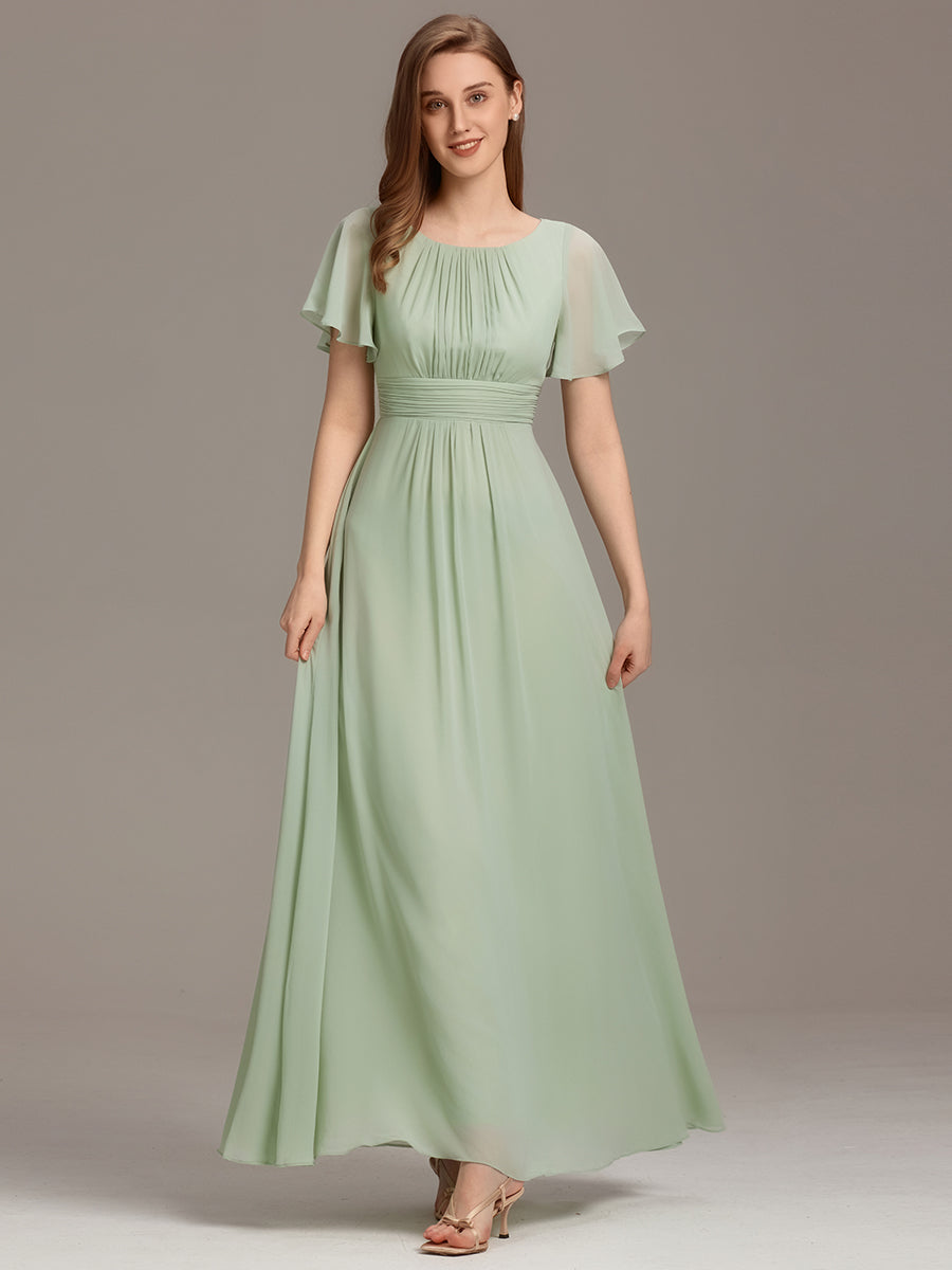 Bodenlanger A-Linien Chiffon Kleid Mit Falten Und Raffung Rundhalsausschnitt #Farbe_Mintgrün