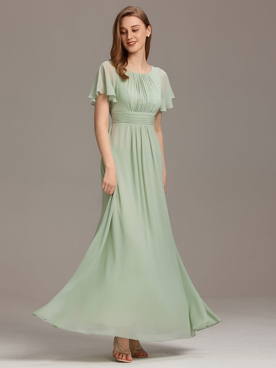 Bodenlanger A-Linien Chiffon Kleid Mit Falten Und Raffung Rundhalsausschnitt #Farbe_Mintgrün