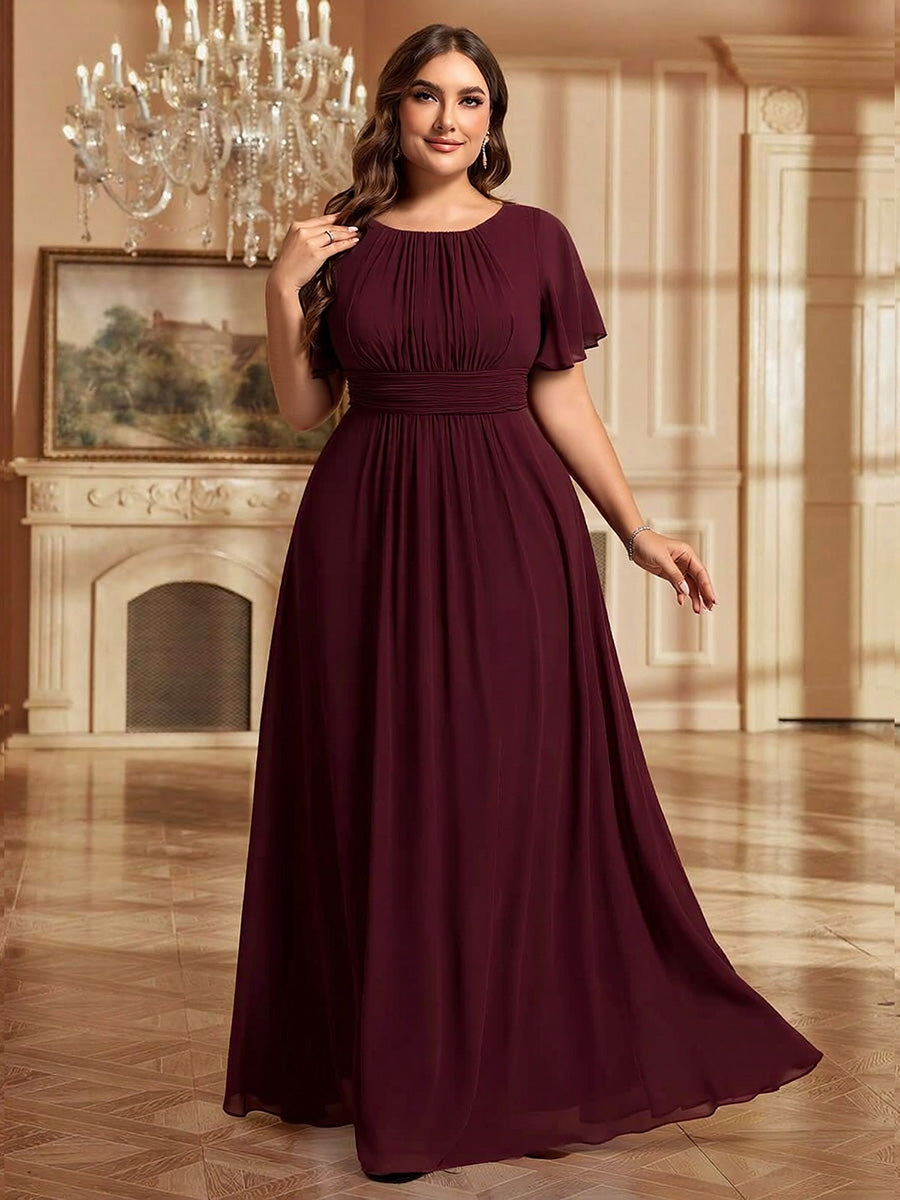 Bodenlanger A-Linien Chiffon Kleid Mit Falten Und Raffung Rundhalsausschnitt #Farbe_Maulbeerrot