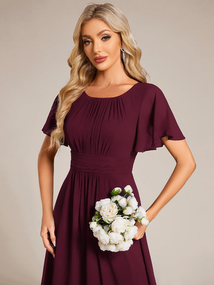 Bodenlanger A-Linien Chiffon Kleid Mit Falten Und Raffung Rundhalsausschnitt #Farbe_Maulbeerrot