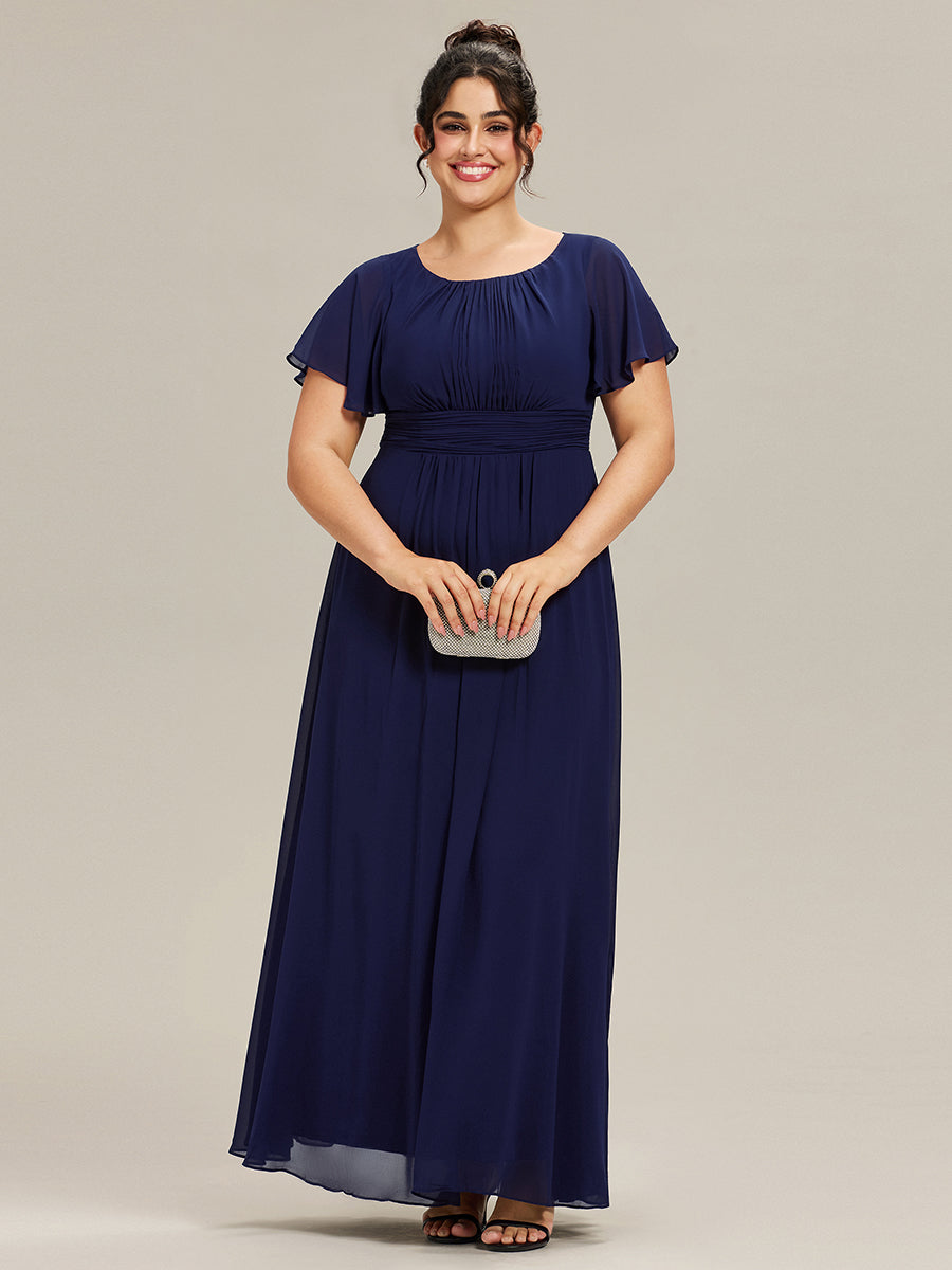 Bodenlanger A-Linien Chiffon Kleid Mit Falten Und Raffung Rundhalsausschnitt #Farbe_Marineblau