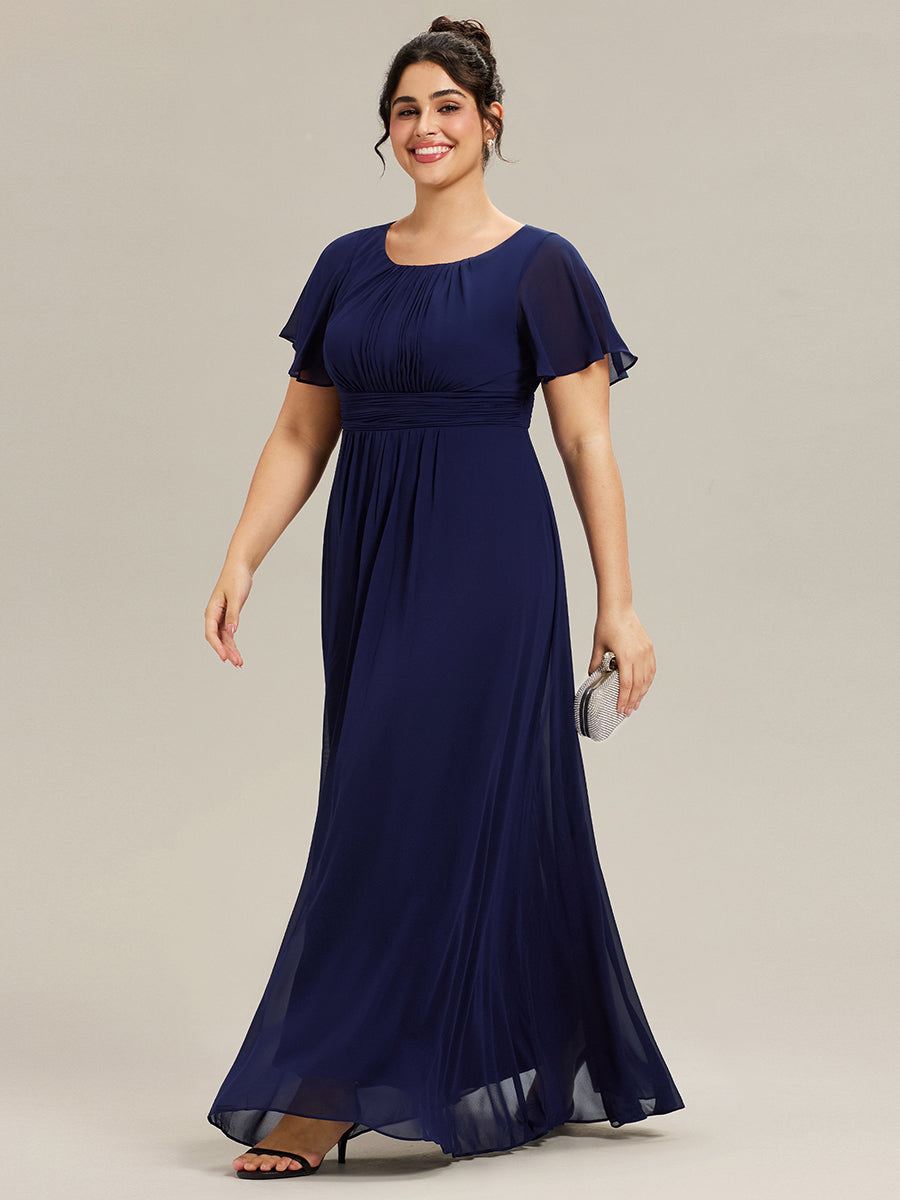 Bodenlanger A-Linien Chiffon Kleid Mit Falten Und Raffung Rundhalsausschnitt #Farbe_Marineblau