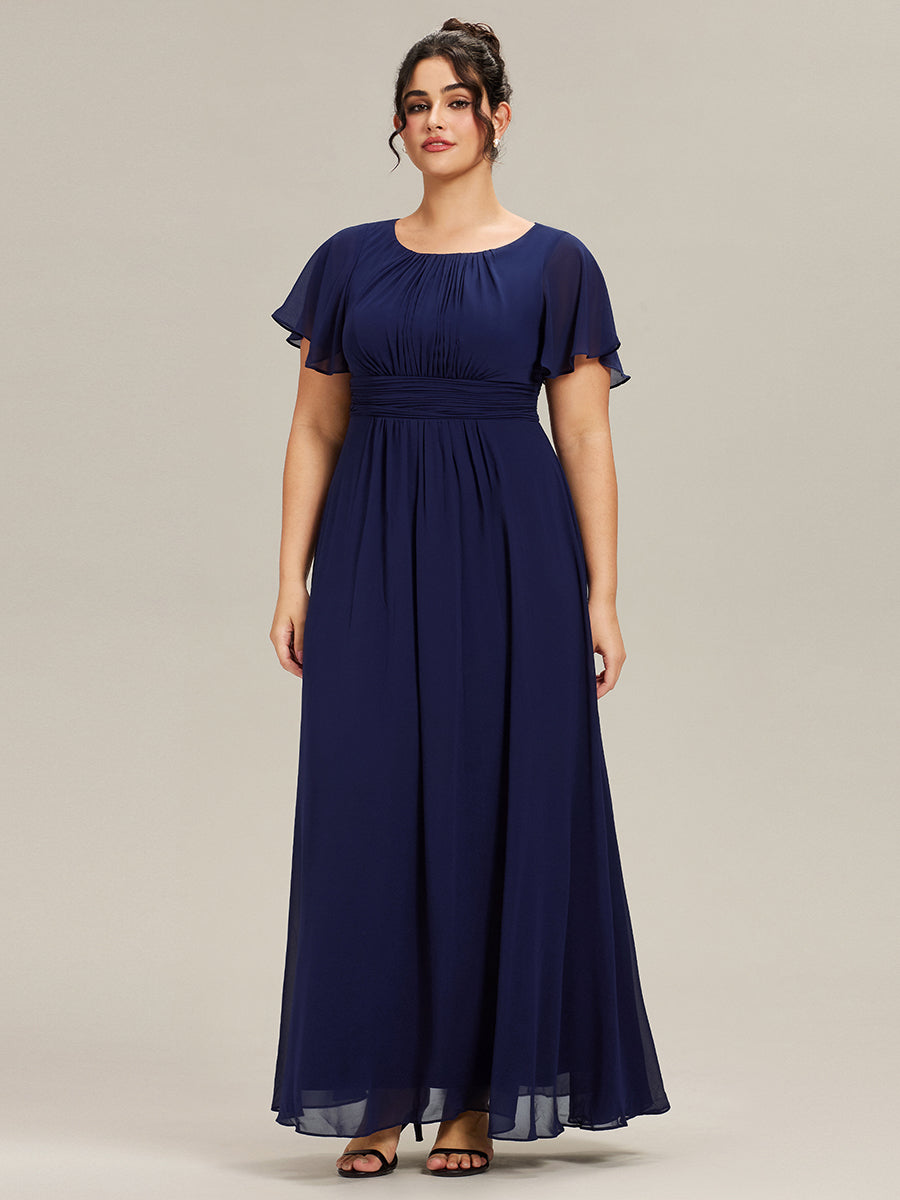 Bodenlanger A-Linien Chiffon Kleid Mit Falten Und Raffung Rundhalsausschnitt #Farbe_Marineblau
