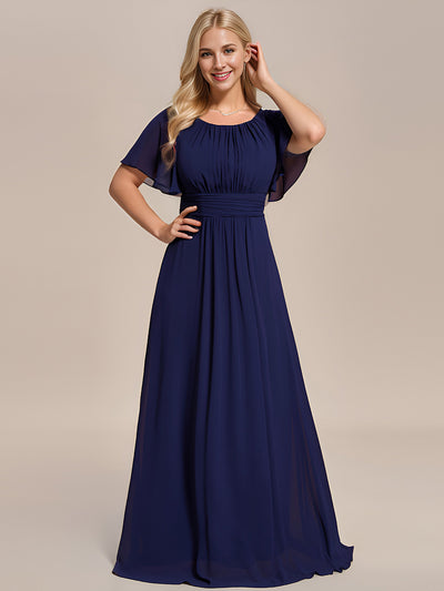 Bodenlanger A-Linien Chiffon Kleid Mit Falten Und Raffung Rundhalsausschnitt #Farbe_Marineblau