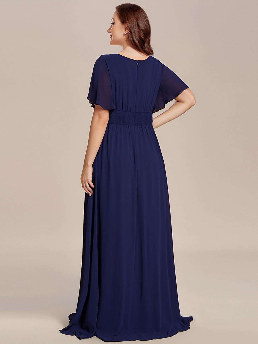 Bodenlanger A-Linien Chiffon Kleid Mit Falten Und Raffung Rundhalsausschnitt #Farbe_Marineblau