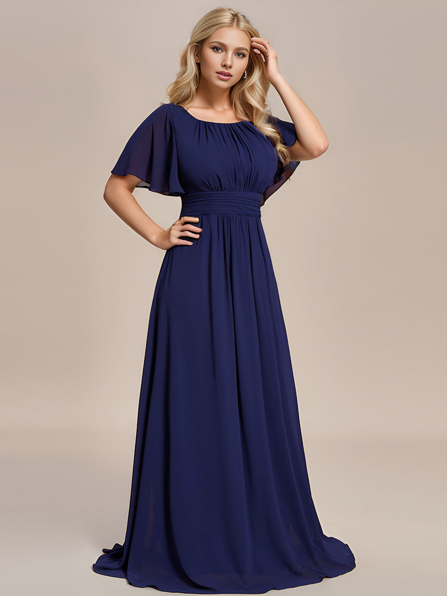 Bodenlanger A-Linien Chiffon Kleid Mit Falten Und Raffung Rundhalsausschnitt #Farbe_Marineblau