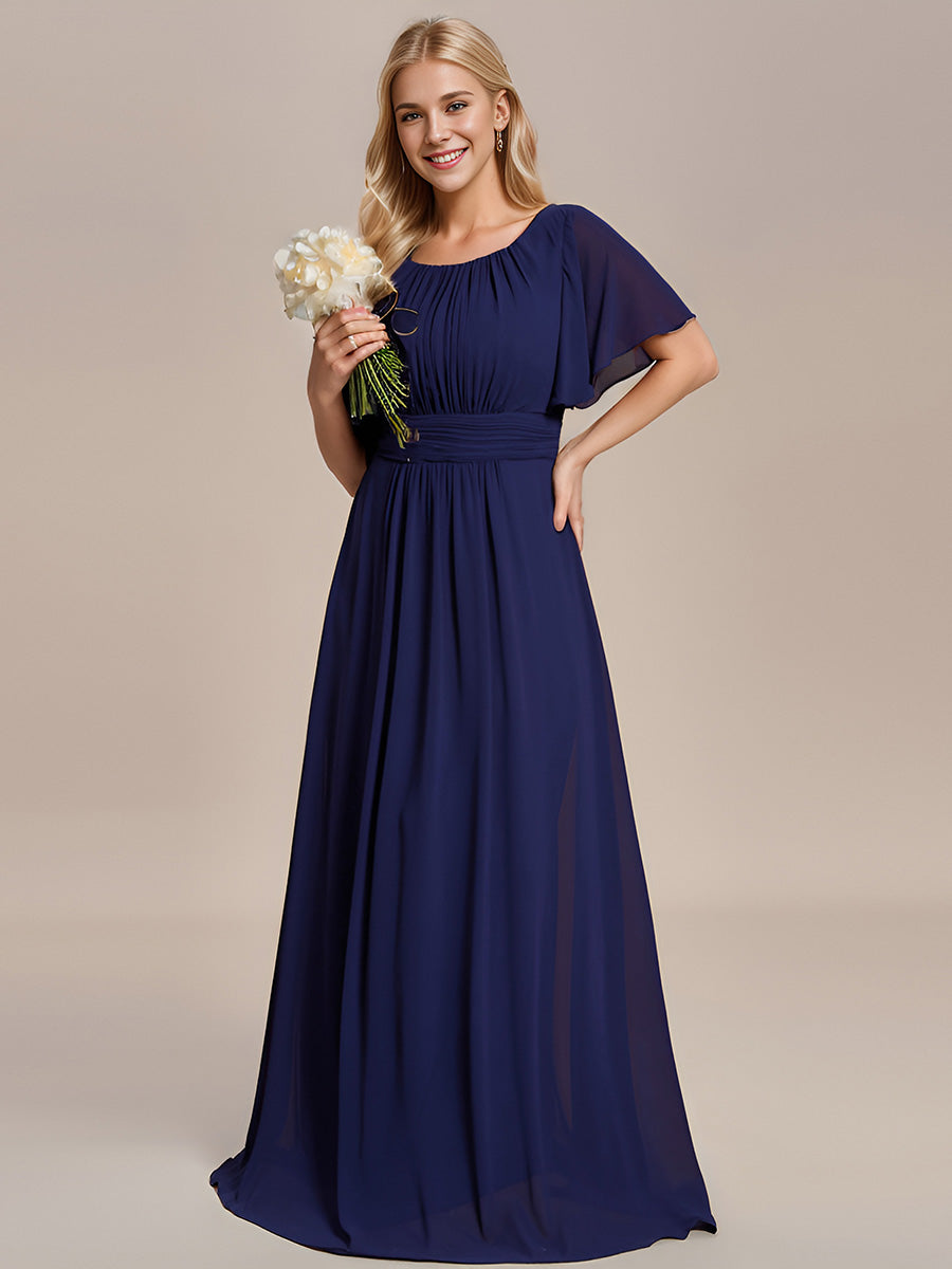 Bodenlanger A-Linien Chiffon Kleid Mit Falten Und Raffung Rundhalsausschnitt #Farbe_Marineblau