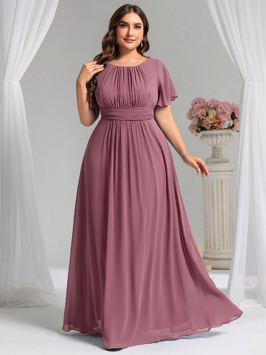 Bodenlanger A-Linien Chiffon Kleid Mit Falten Und Raffung Rundhalsausschnitt #Farbe_Orchideenviolett