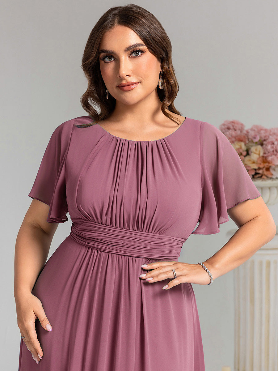 Bodenlanger A-Linien Chiffon Kleid Mit Falten Und Raffung Rundhalsausschnitt #Farbe_Orchideenviolett